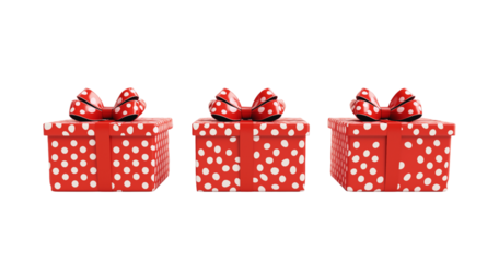 Three red polka dot gift boxes with bows isolated on a transparent background present white polka dots