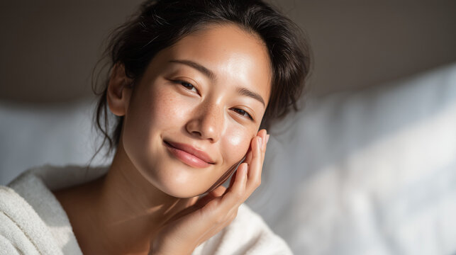 Radiant Glow: A portrait of a woman with healthy and clear skin, her features illuminated by natural light, exudes confidence and beauty.