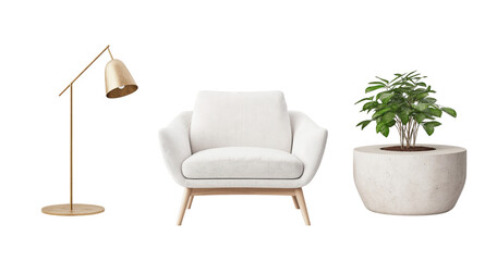 A modern white armchair with a gold floor lamp and a potted plant isolated on a transparent background