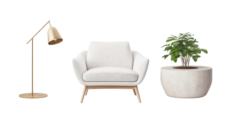 A modern white armchair with a gold floor lamp and a potted plant isolated on a transparent background