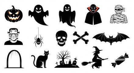 Fototapeta premium Halloween symbols and icons in silhouette style isolated on white