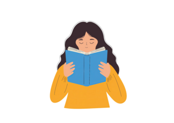 Flat vector illustration of a person with dark hair wearing a yellow sweater reading a blue book isolated on a transparent background