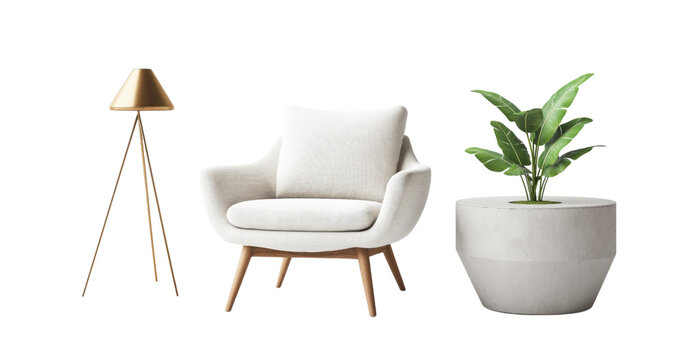White armchair with gold tripod floor lamp and potted plant isolated on a transparent background furniture