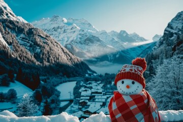 Charming snowman set against a majestic alpine landscape in winter wonderland scenery
