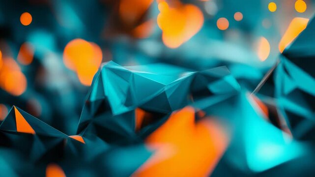 Abstract geometric low poly surface with orange bokeh lights