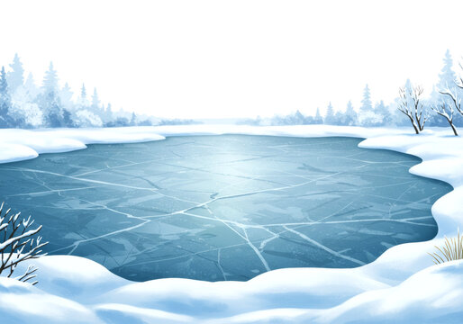 Frozen winter lake surrounded by snow-covered pine trees and bare branches, with intricate ice patterns reflecting the chilly atmosphere.