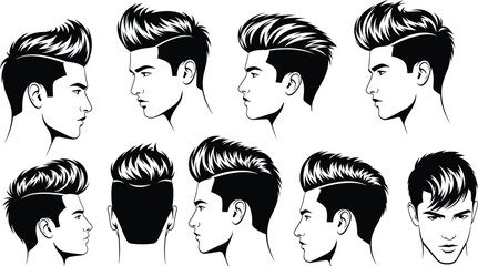 Men’s hairstyle silhouette illustration, undercut swept-back style, multiple head angles, black icons, cad drawing flat vector illustration