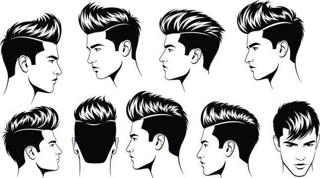 Men&rsquo;s hairstyle silhouette illustration, undercut swept-back style, multiple head angles, black icons, cad drawing flat vector illustration