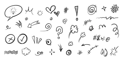 Hand drawn doodle sketch element set. Creative idea lightbulb, speech bubble, comic style scribble, star shape. Ink pen arrow pointer, heart, question mark, exclamation. Vector illustration
