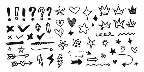 Doodle sketch abstract graphic decoration set. Creative design, royal crown outline, star, love heart shape. Arrow, diamond gem, question mark and check sign elements. Vector illustration