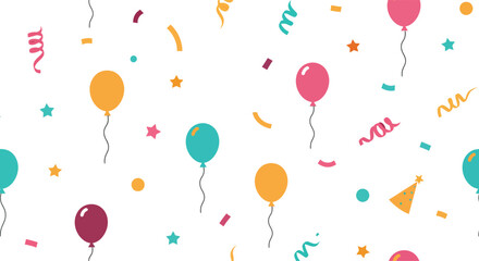 Obraz premium Colorful celebration pattern with balloons, confetti, and streamers on white background