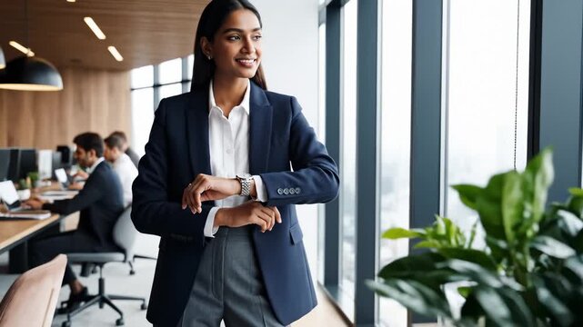 Smiling Indian Businesswoman Checking Time on Wristwatch in Office