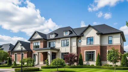 Luxurious Brick and Stucco Mansion with Manicured Lawn