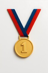 Gold first place medal with number 1 hanging from a red and blue ribbon. Symbol of victory, achievement, and success in competition.