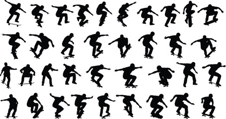 Skateboarder silhouette illustration, trick poses, dynamic motion, black icons, extreme sport, vector art, cad drawing flat vector illustration