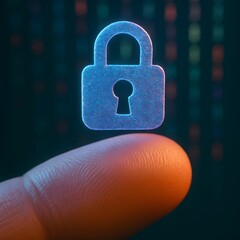 Futuristic cybersecurity concept with a person's finger holding a glowing digital lock icon for data protection and online privacy
