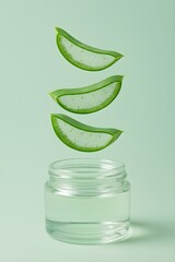 Clean and modern still life of juicy aloe vera slices floating above a glass jar, a concept for natural skincare, beauty, and wellness.