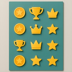 Vibrant pattern of yellow reward icons including stars, crowns, and trophies on a teal background. Gamification, achievement, and success concept for motivation and education.