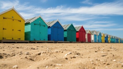 Naklejka premium Colorful Beach Huts Lined Up on Sandy Shore