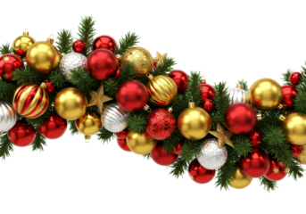 Christmas ornaments and evergreen branches form a festive decorative border, featuring shiny red, gold, and silver baubles with sparkling stars, perfect for holiday greetings.