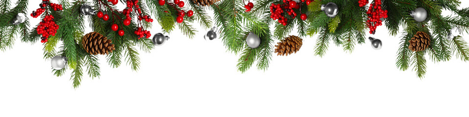 Christmas Balls and Fir Tree Branches Banner &ndash; Festive Holiday Decoration on White Background