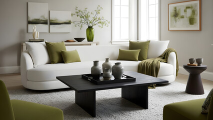 Modern living room interior with a comfortable white sofa and green accent pillows creating a serene home environment