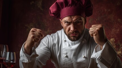 A chef stands in a restaurant kitchen showing determination by raising his fists. He is focused on preparing food as wine glasses sit on the table beside him.
