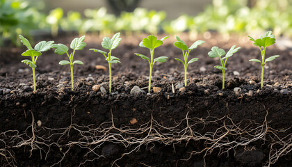 Fototapeta premium Growing green seedlings showing root system in soil