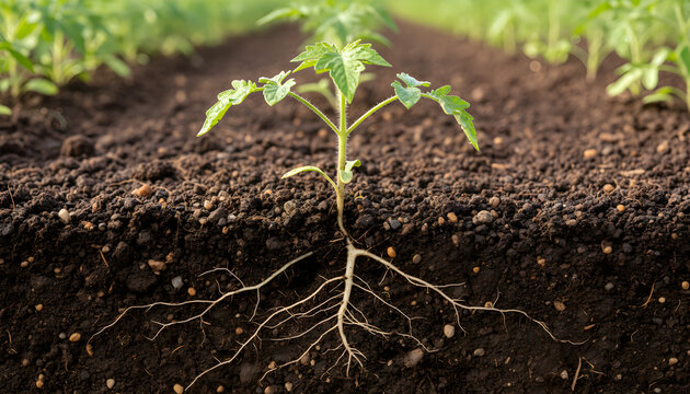 Plant seedling growing in fertile soil with visible roots