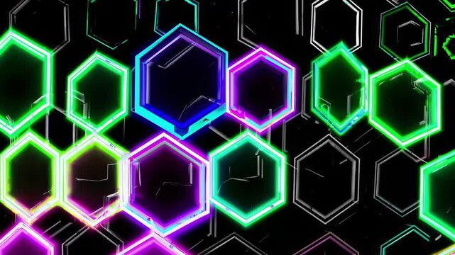 This vibrant video features a stunning array of neon hexagons in various colors, dynamically shifting against a dark background. The pulsating lights create an electrifying atmosphere, celebrating mod