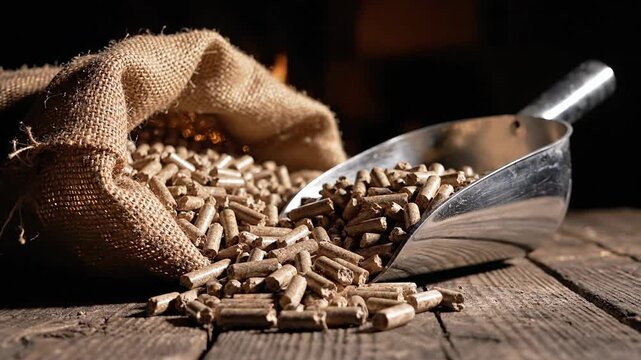 Rustic wooden table with a burlap sack spilling wood pellets and a metal scoop beside on rough wood