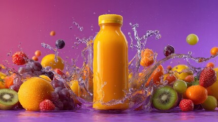 An orange juice bottle stands in the center surrounded by fruit. Water splashes around the bottle. The background has bright colors. Various fruits are visible adding to the scene.