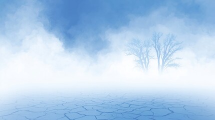 Ethereal landscape featuring cracked earth and silhouetted trees, enveloped in soft mist and blue hues, creating a serene and tranquil atmosphere with a dreamlike quality
