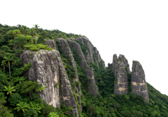 Lush green tropical mountain cliffs rise majestically, adorned with dense jungle foliage and towering palm trees under a dramatic sky.