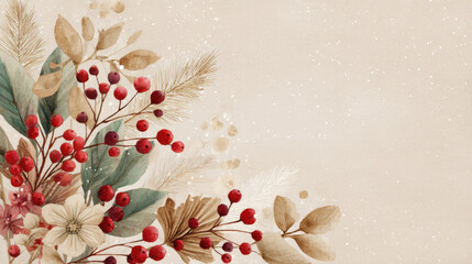 Elegant Watercolor Christmas Corner Border Softly Painted Red Berries, Gold-Toned Pine Needles, Festive Leaves, Abstract Blooms on Pale Textured Background with Falling Snow Holiday Stationery Design