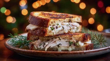 Gourmet Holiday Turkey Grilled Cheese Sandwich: Stacked Slices of Toasted Sourdough Bread Filled with Sliced Roasted Turkey Breast and Melted Cheese, Garnished with Thyme, Pine Needles on Dark Plate
