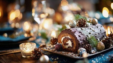 Decadent Chocolate Buche de Noel (Yule Log) Dessert: Rich Cocoa Cake Rolled with Cream Filling, Topped with Chocolate Bark Frosting, Pine Cones, and Ornaments, on a Festive Holiday Dining Table