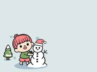 Cute cartoon child building a snowman near a pine tree. Happy kid playing with snow in winter. Vector illustration for Christmas and New Year design.