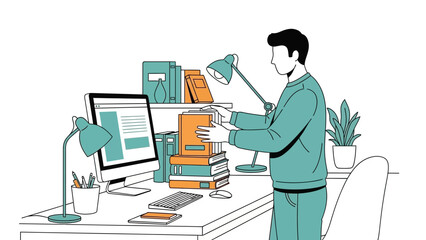Illustration depicting a person at a desk with books and a computer, studying