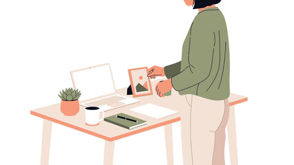 Illustration depicting a person at a desk with laptop, plant, and notepad, work from home setup