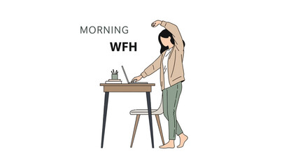 Illustration depicting a person working from home in the morning with stretching posture work