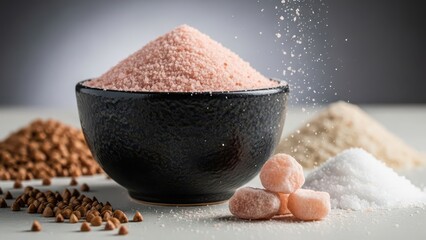 Pink himalayan salt sprinkling into a black bowl surrounded by different types of salt and seeds