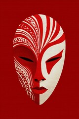 Naklejka premium Minimalistic African mask illustration with red and white geometric patterns evokes cultural heritage and ethnic art themes