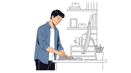 Illustration of a man working at his desk with a computer and office supplies on shelves