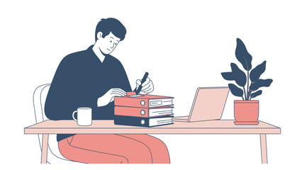 Illustration of a man working at his desk, with documents, laptop, and plant