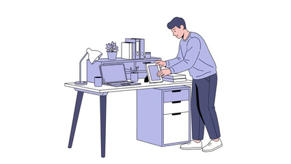Illustration of a man working from his desk, laptop, and organizing his workspace