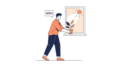 Illustration of a man working from home taking care of a plant near the window
