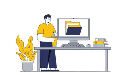 Illustration of a man working on a computer and drinking with a plant on the side