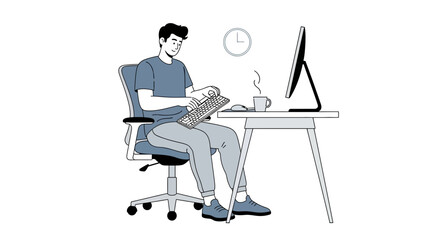 Illustration of a Man Working on a Computer at His Desk Depicting Office Work