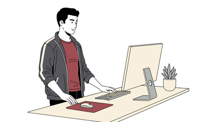 Illustration of a man working on a computer at a desk in a modern office setup